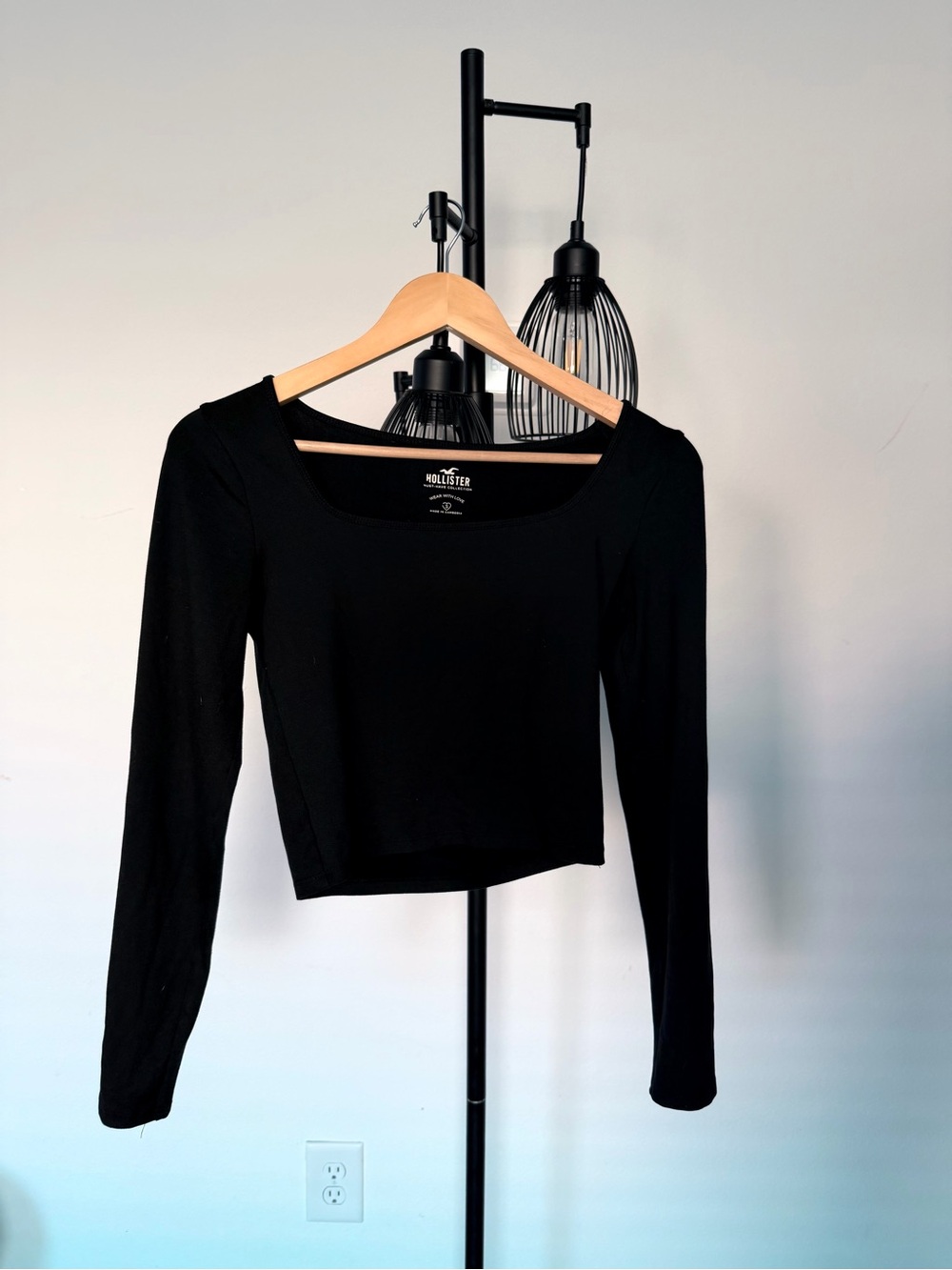 Hollister Black Long Sleeve Square-Neck Cropped Top